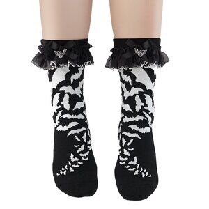 Black & White Bat Ankle Socks with Ruffle Trim and Bow